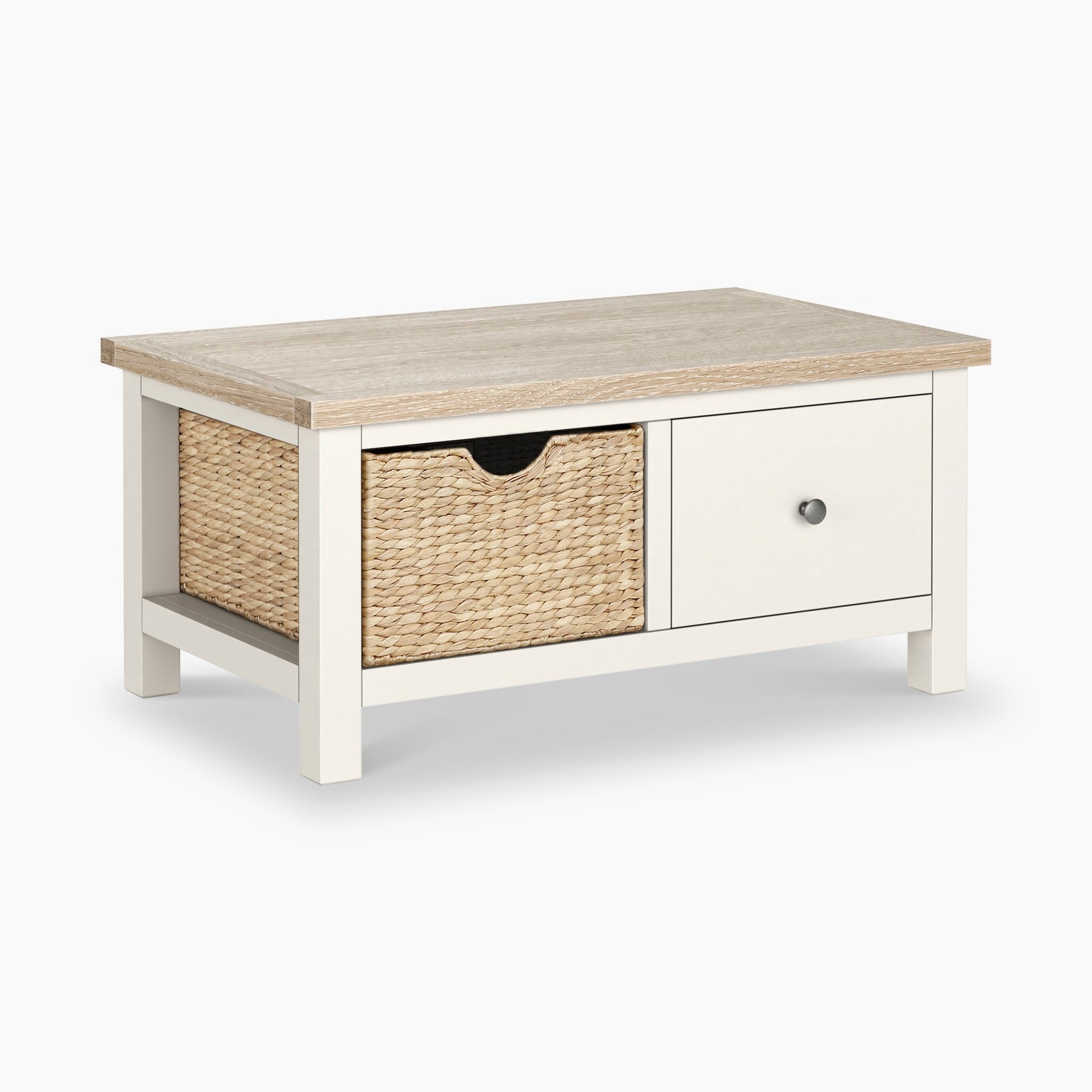 Table basse avec panier en osier et tiroir