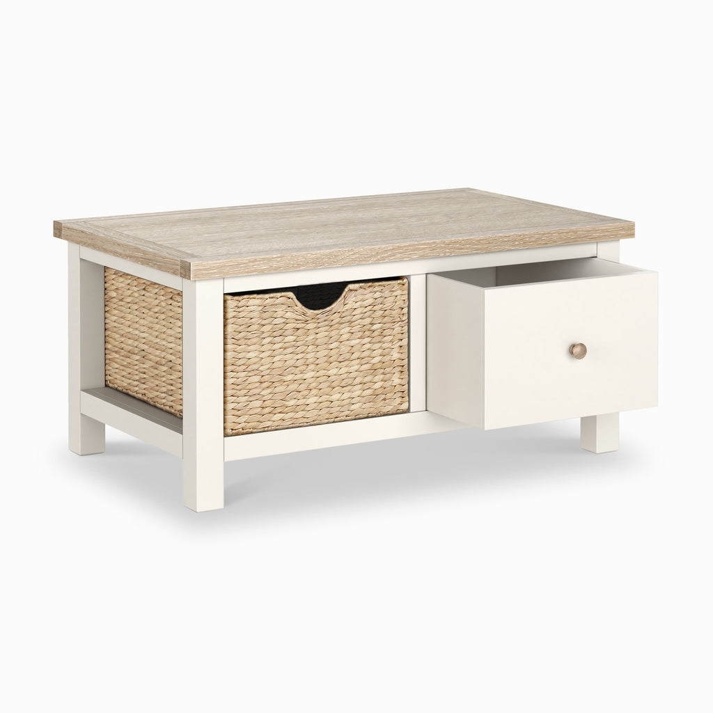 Table basse avec panier en osier et tiroir