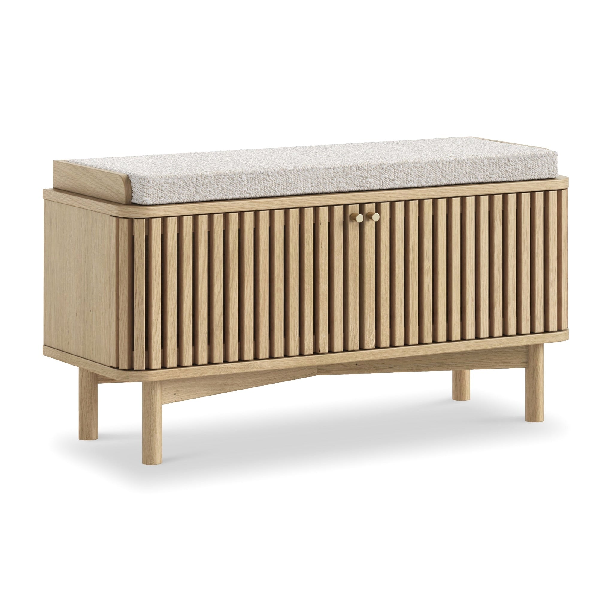 Banc de rangement rembourré à lattes de chêne